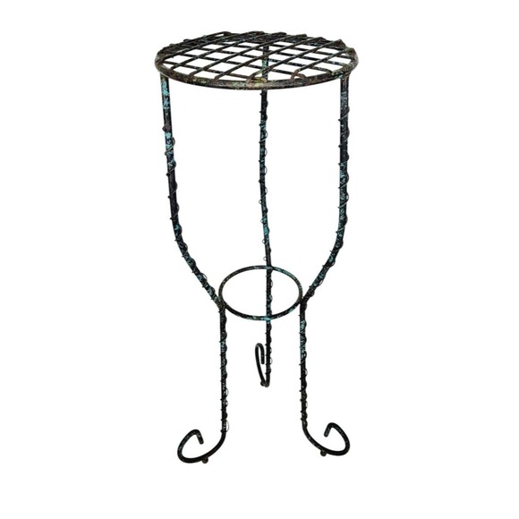 VTG Wrought Iron Twisted Scroll Ball Foot Pedestal Plant Stand Black Turquoise - Picture 7 of 13